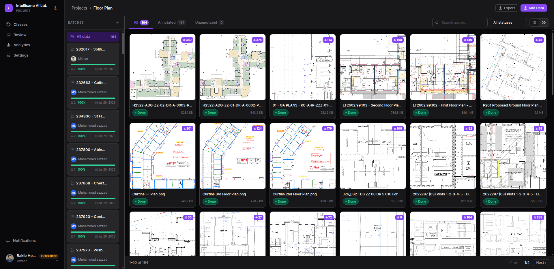 Intellisane AI platform project view with a batch sidebar and a grid of annotated floor plans