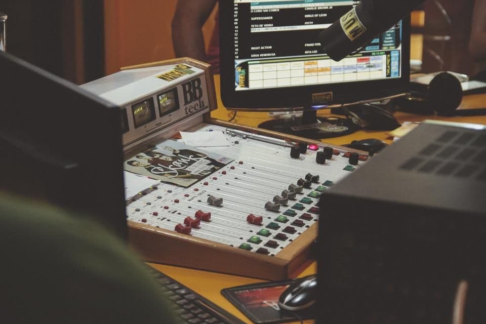 Audio mixing console in a recording studio