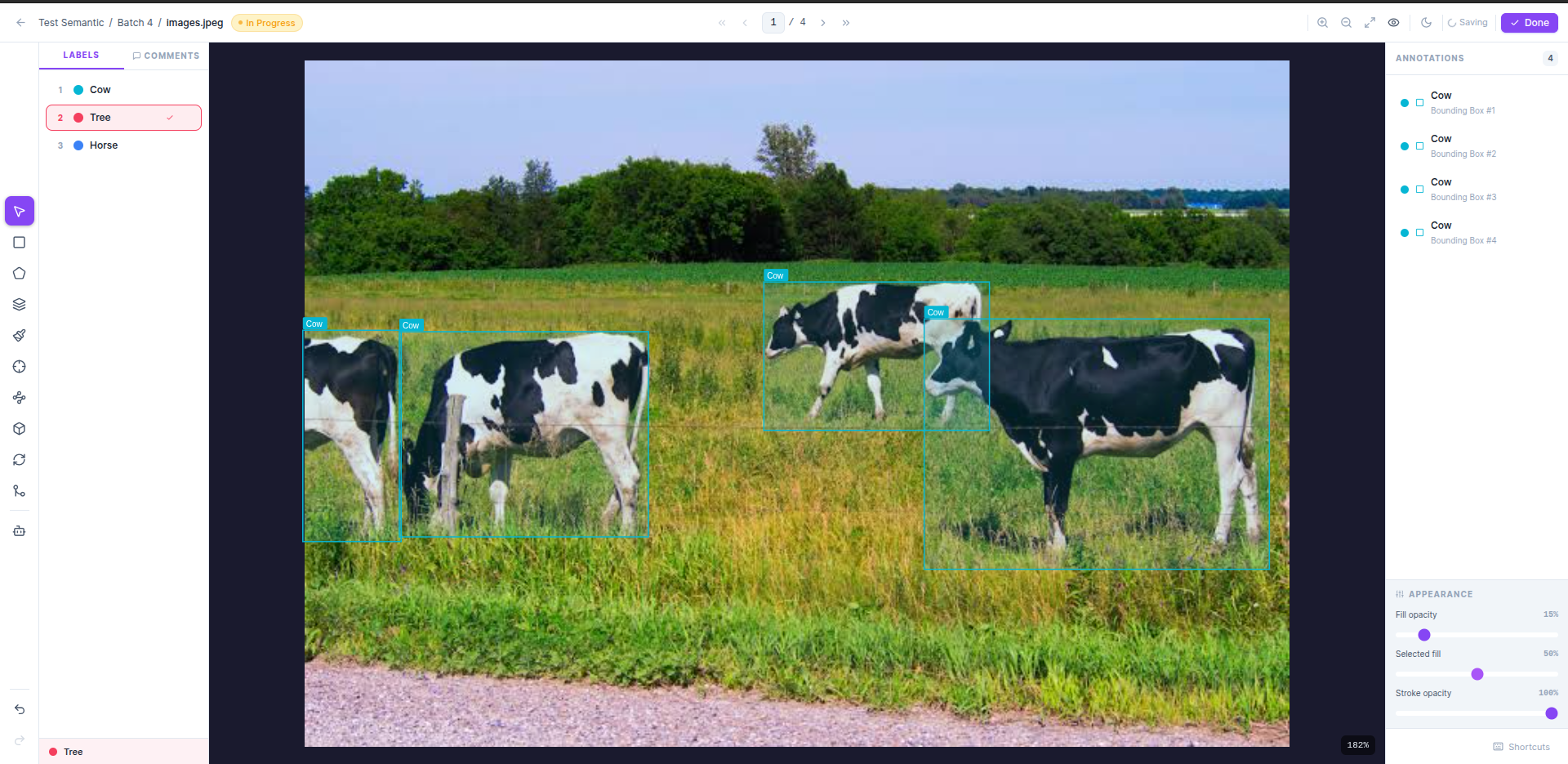 Annotation canvas showing bounding box labels on cow images